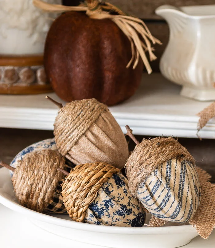 drop cloth, blue stripe, blue floral, black homespun acorns