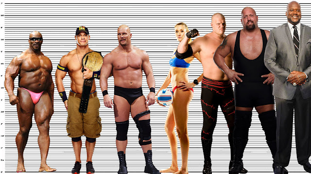 6'1" Stone Cold Steve Austin height comparison with 5'10" Ronnie Coleman, 6" John Cena, 6'2" Kerri Walsh Jennings, 6'8" Kane, 6'10" (now) Big Show and 7'1" Shaquille O'Neal