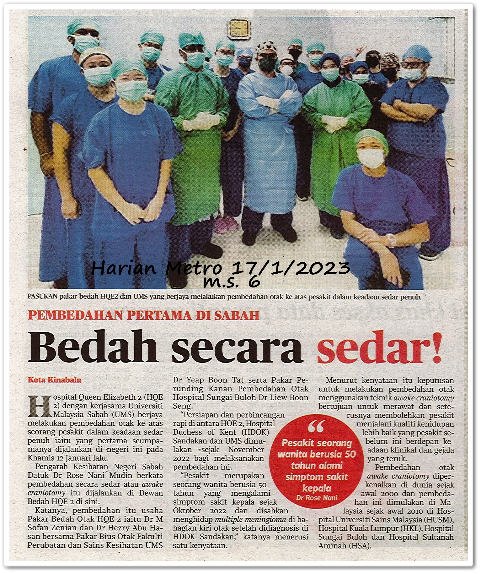 Bedah secara sedar! ; Pembedahan pertama di Sabah - Keratan akhbar Harian Metro 17 Januari 2023