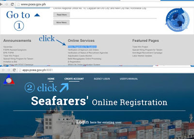 Go to POEA website, Find Online Services, Click Online Registration for Seafarer, then Create Account