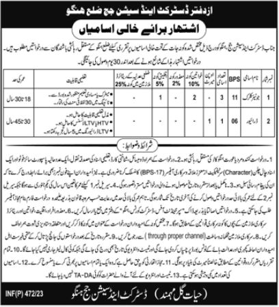 Latest District & Session Court Admin Clerical Posts Hangu 2023