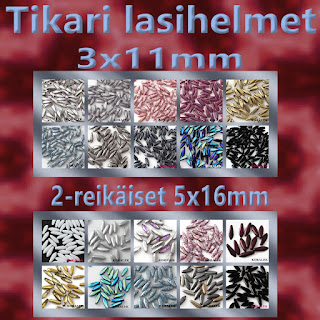 Tsekkiläiset tikari lasihelmet - 3x11mm sekä 2-reikäiset 5x16mm - helmikauppa netissä