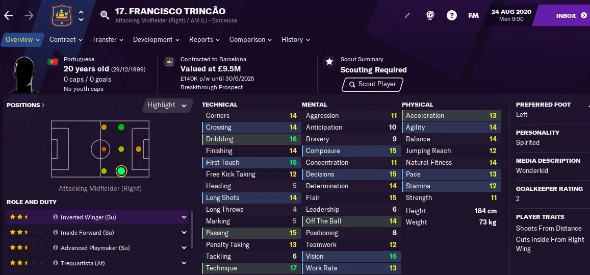 Francisco Trincao: Starting Attributes in FM2021