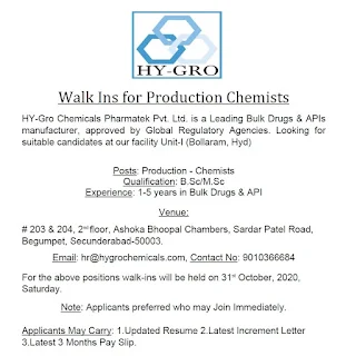 B.Sc/M.Sc Jobs Walk In Interview For HY-Gro Chemicals Pharmatek Pvt. Ltd. Hyderabad, Telangana