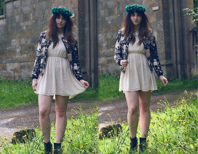 uk fashion blogger, wearing rose crown, nude topshop dress and floral bomber jacket from zara, styled with all saints jukes biker boots. countryside chic outfit, english , vintage outfit