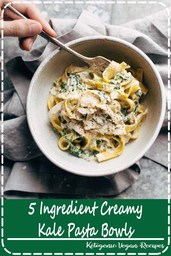 5 Ingredient Creamy Kale Pasta! This recipe can be made with pasta, kale, garlic, cashews, and almond milk. So easy and delicious!