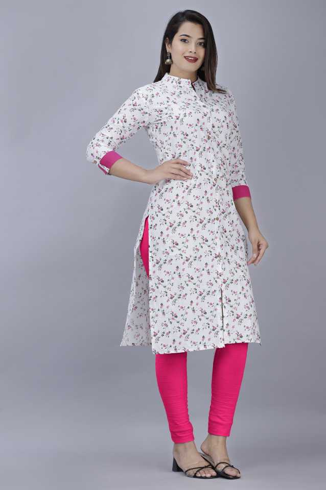 Women Printed Cotton Blend Frontslit Kurta  Dress (White and Pink)