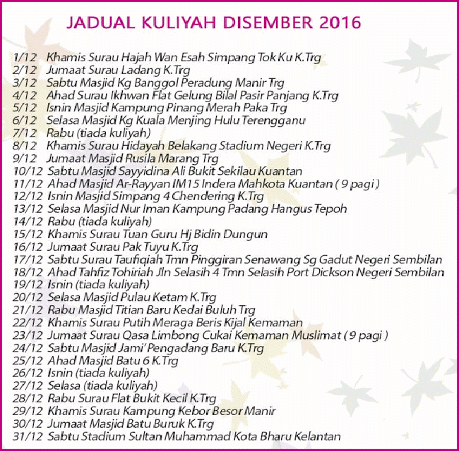 Jadual Kuliah Ustaz Azhar Idrus (UAI) Disember 2016 - WM