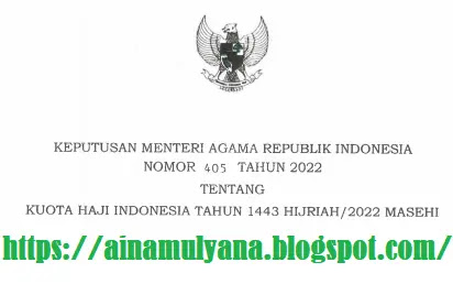 KMA NOMOR 405 TAHUN 2022 TENTANG KUOTA HAJI INDONESIA TAHUN 2022 