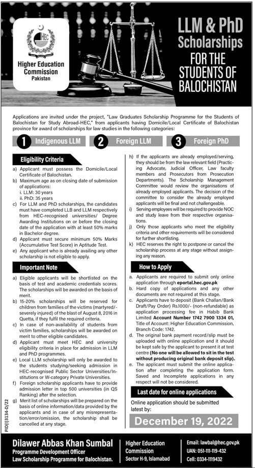 HEC Foreign Scholarships For LLM PHD Students 2022