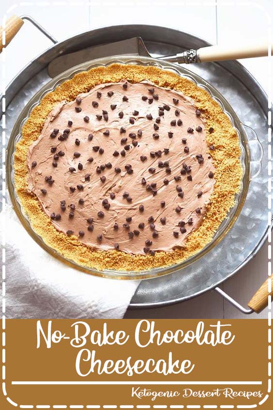 No-Bake Chocolate Cheesecake - This easy cheesecake recipe is SO deliciously simple to make. All you need is 10 minutes! Made with a graham cracker crust and topped with mini chocolate chips, it looks as good as it tastes with a lightly rich flavor and texture similar to a thick mousse. Use a pie pan or traditional cheesecake pan. Could also top with strawberries! Just 5 ingredients! The perfect dessert for summer! #chocolate #cheesecake #nobake