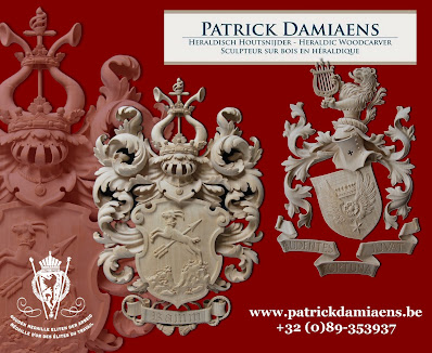 patrick damiaens ornamental and heraldic woodcarving | heraldic sculptor | heraldry in wood | Family coat of arms and crest carved in wood