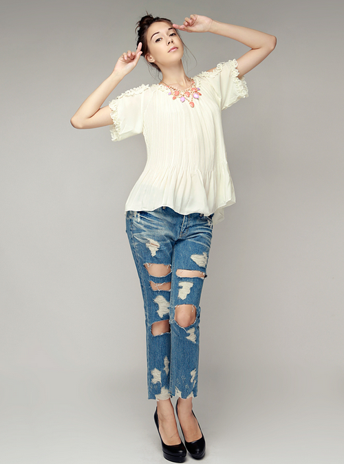 Cut Out Shoulder Pleated Blouse