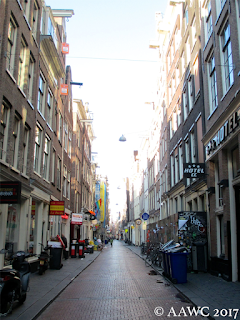 A street in the Red Light District in Amsterdam, narrow and lined with shops and hotels.