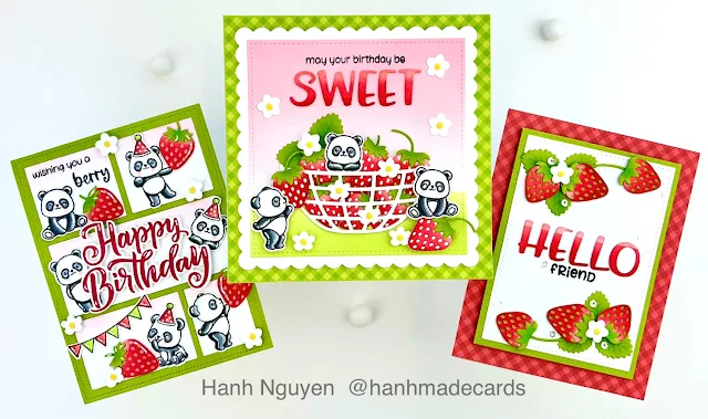 Sunny Studio Stamps: Strawberry Patch Die Focused Cards with Hanh Nguyen (featuring Panda Party, Build-A-Bowl Dies, Punny Fruit Greetings, Chloe Alphabet Dies, Big Bold Greetings)