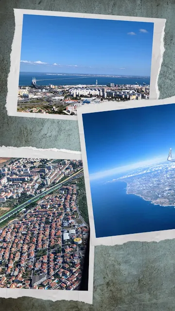 Collage of aerial views upon take off from Lisbon Airport on the way to São Miguel