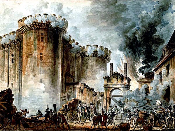etching of a battle scene in front of a large, fortified building; numerous structures are in ruins and smoke fills the sky