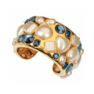 Vintage 1990's gold, pearl and blue rhinestone Chanel cuff bracelet.