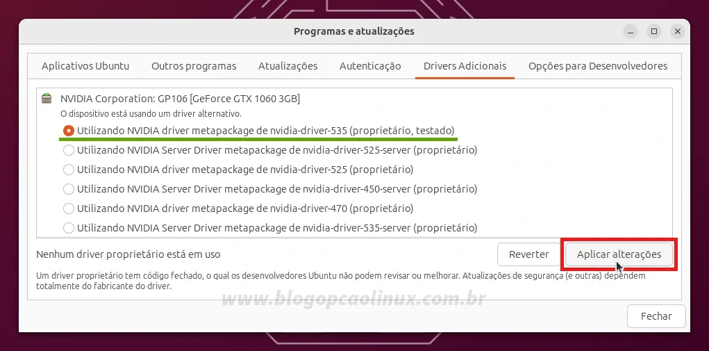 Instalando os drivers proprietários no Ubuntu 23.10 (Mantic Minotaur)