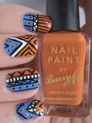 Orange-blue-white-black-gold-tribal-nail-art-Barry-M-Models-Own