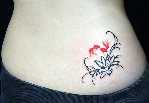 small tattoo really nice rib lotus with fish red and black ink tattoo designs