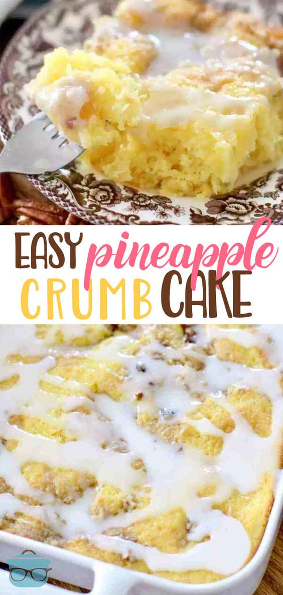 This Easy Pineapple Crumb Cake recipe is easily made with a boxed lemon cake mix, crushed pineapple, pecans and a delicious brown sugar crumb topping.