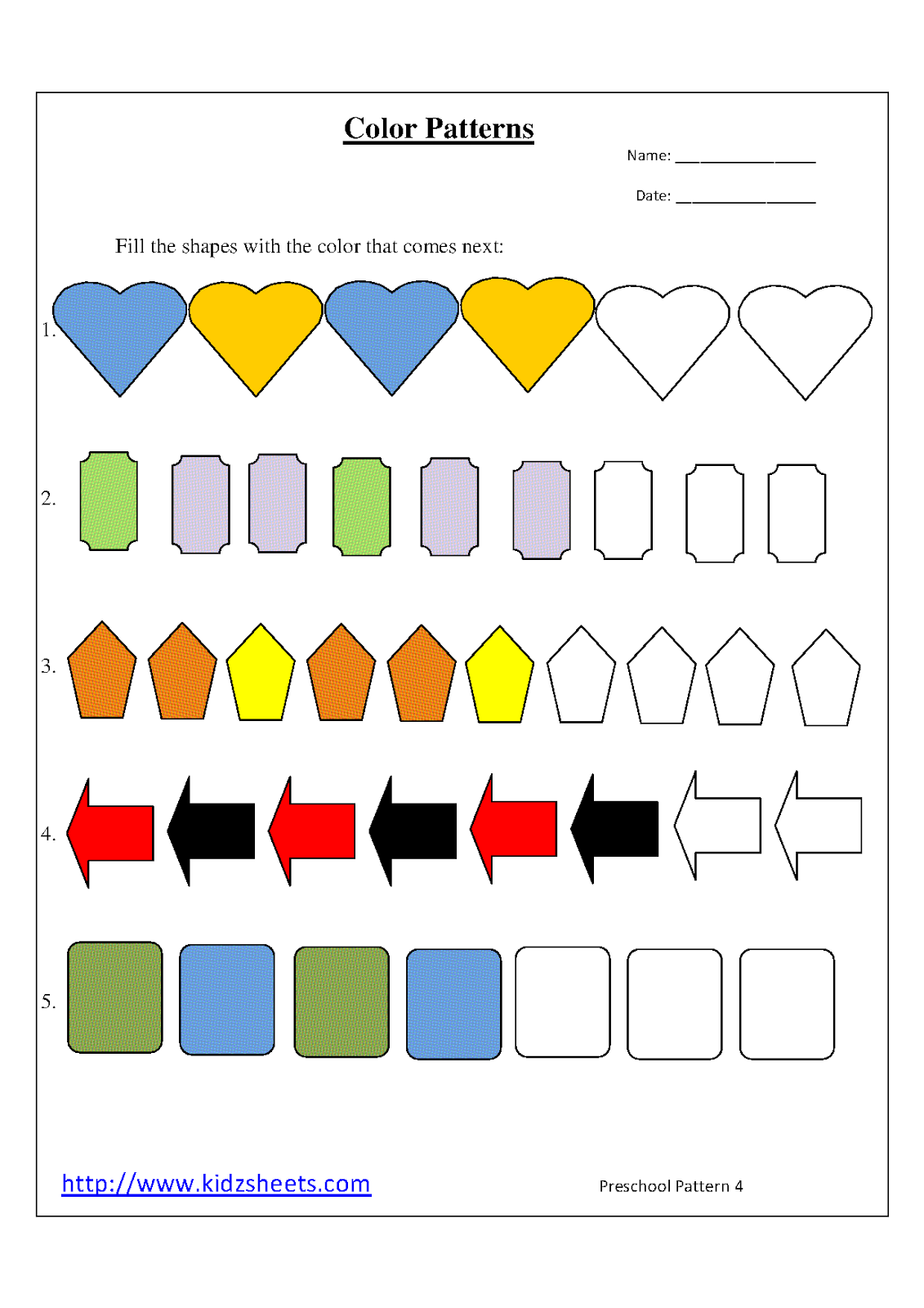 color patterns kindergarten worksheet for preschool For  Patterns patterns Preschoolers Worksheets