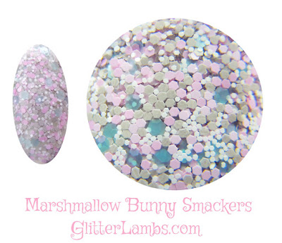 This glitter nail polish I created is called "Marshmallow Bunny Smackers" and it is such a soft sweet glitter mix. Glitter Lambs "Marshmallow Bunny Smackers" nail polish has an assorted mix of gray hex glitters, light pink hex, light blue hex and tiny white hex.