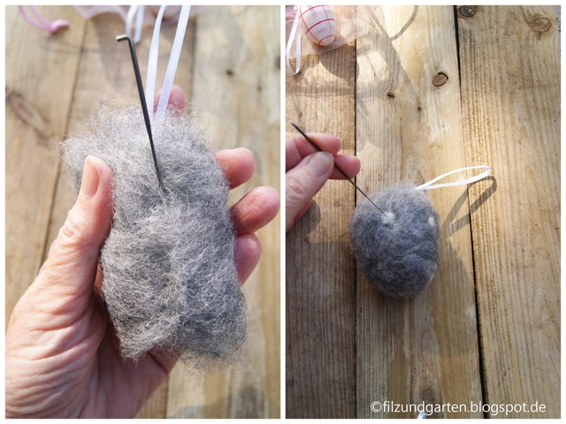 Plastikei mit Wolle umwickeln und Filznadel befestigen
