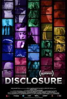 Various film stills of trans characters are arranged on what looks like film strips, and these are coloured to look like a rainbow. The text reads 'Disclosure'.