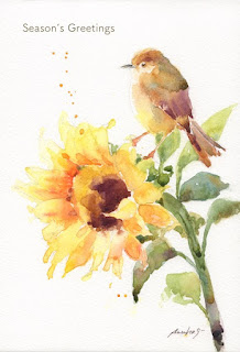 watercolor painting of sunflower and bird 