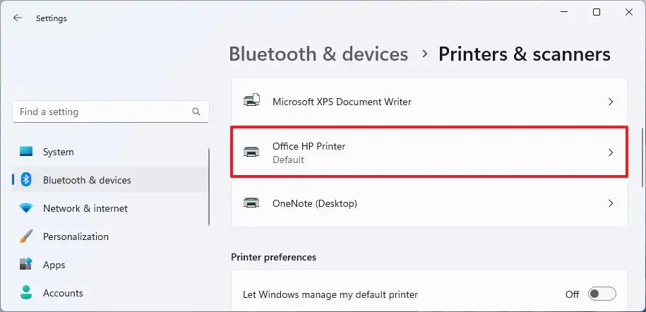 select shared printer settings