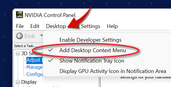 Enable NVIDIA Control Panel to be shown the desktop right-click context menu