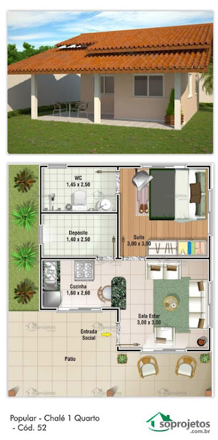 แบบบ้านชั้นเดียวสองห้องนอน + แปลน