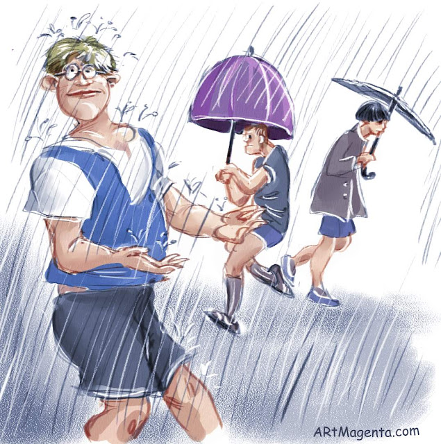 Raining and no umbrella. A artoon by Artmagenta.