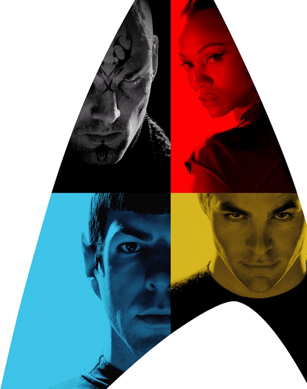 Kirk, Spock, Uhura, and Nero in different colored sections of Starfleet insignia