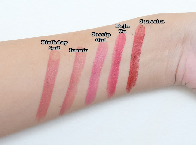 swatch photo of Pink Sugar Velvet Matte Lipsticks in shades Birthday Suit, Iconic, Gossip Girl, Deja Vu and Senorita Review