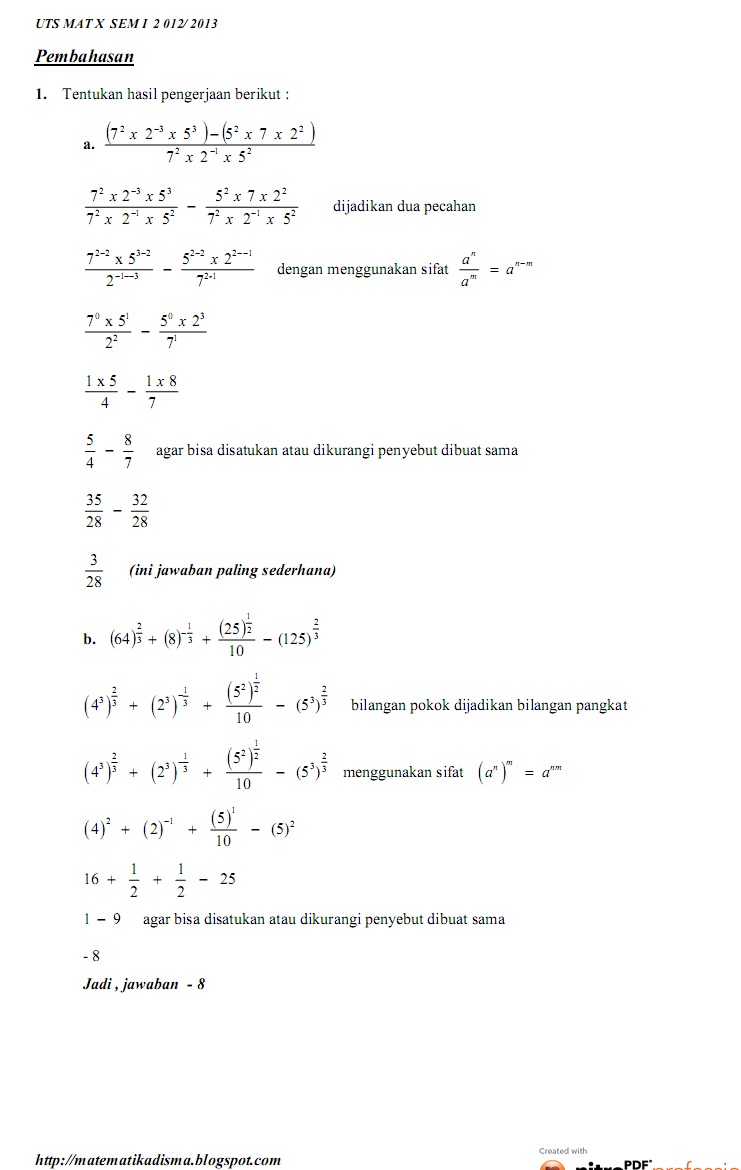 MATEMATIKA DI SMA: SOAL DAN PEMBAHASAN MATEMATIKA SMA KELAS X BAB I PANGKAT AKAR DAN LOG