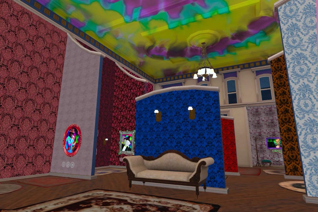The image shows a digitally rendered room with a vibrant and eclectic design. The ceiling has a swirling pattern of bright colors, predominantly green and purple. The walls have various wallpapers, including a red pattern and a blue fabric texture with cartoon-like yellow eyes. There’s an ornate chandelier, a classic brown sofa, and artwork on the walls. The room has multiple doorways without doors, suggesting openness or transition to other spaces.