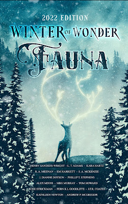 Book cover image. Book title is "Winter of Wonder: Fauna". The dominant colour is blue. Snow covered pine trees are in the foreground. A stag with glowing antlers is the main image. "Fern K L Goodliffe" appears among the list of author names at the bottom