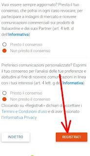 creare mail virgilio dal browser del telefono - 5 dare o meno il consenso e cliccare su registrati