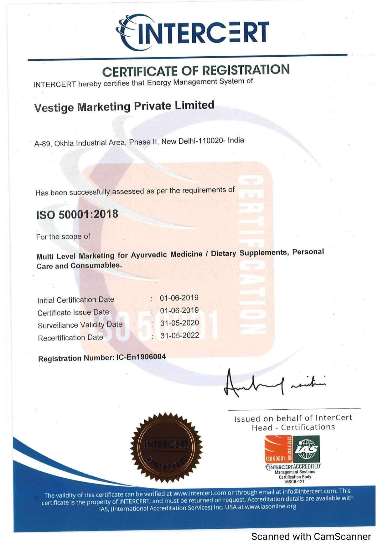 Vestige Food Safety Management Certificates ISO 50001:2018