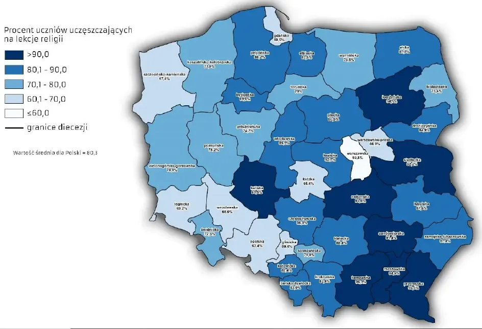Mapa przedstawia odsetek uczniów chodzących na lekcje religii w podziale na diecezje w Polsce
