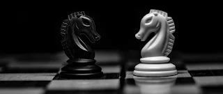 a black and white chess board with the black and white knight facing each other in the centre