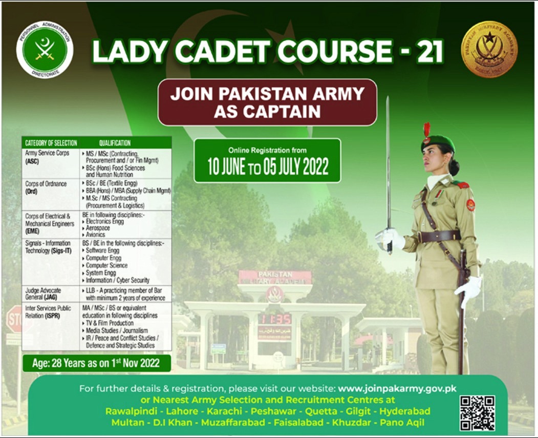 Join Pakistan Army As Captain Through Lady Cadet Course LCC-21