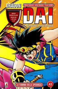 Dragon 43 - DAI. La grande avventura 43 [La fiamma della speranza] - Maggio 2001 | ISSN 1129-9789 | CBR 215 dpi | Mensile | Fumetti | Manga | Manga | Shounen | Avventura | Fantasy | Azione
Collana edita dalla Star Comics che ospita serie manga di gran successo, tra cui: Dragon Dai, Wing Man, Shaman King, Beelzebub... e molte altre.
Dai - La grande avventura è uno shōnen manga di genere fantasy ispirato alla celebre saga videoludica di Dragon Quest e ambientato nello stesso universo narrativo. È scritto da Riku Sanjo e Yuji Horii e illustrato da Kōji Inada, artisti appartenenti al Bird Studio, lo studio di disegnatori creato da Akira Toriyama, che ha anch'esso contribuito, seppur in minima parte, alla creazione di questo manga (soprattutto nella realizzazione dei mostri).
La serie narra le avventure di Dai, figlio del Cavaliere del Drago Baran e della principessa Soala di Arkeed, abbandonato sull'isola di Delmulin subito dopo la nascita ed allevato dal Kimendoshi Brass, un anziano mostro che lui chiama «nonno».
La tranquillità dell'isola viene sconvolta quando Dai ha all'incirca 12 anni, prima, da una banda di avventurieri che rapisce lo slime Gome; poi da un sacerdote corrotto che attenta alla vita della principessa Leona, giunta a Delmulin per una cerimonia d'iniziazione, ed infine da due scagnozzi (i lacchè) del Comandante Supremo dell'Esercito Demoniaco, Satana Hadler.
Dai ha la meglio contro tali avversità grazie a un potere misterioso espresso da un simbolo che gli appare in fronte ogni volta che in uno scontro raggiunge il culmine degli sforzi e rappresentante una testa di drago stilizzata. Subito dopo aver iniziato l'addestramento da prode guerriero sotto la guida del maestro Aban, Dai è però costretto ad assistere impotente al durissimo scontro tra il suo maestro e Hadler, dopo che quest'ultimo è riuscito a distruggere la barriera magica evocata dallo stesso Aban intorno all'isola di Delmulin - sulla quale erano rimasti ad allenarsi - per proteggerla dagli eventuali attacchi dell'Esercito Demoniaco.
Tutto sembra perduto quando Aban decide di ricorrere ad una formula segreta per sconfiggere Hadler. Egli tuttavia si immola inutilmente, nonostante poi si scopra che grazie ad un amuleto è riuscito a rimanere in vita. La rabbia di Dai esplode e in quell'occasione riesce a rispedire Hadler da dove è venuto. Dopo aver appreso che l'Esercito Demoniaco risponde direttamente agli ordini del sovrano demoniaco Satana Baan, Dai parte assieme al mago Pop anch'egli discepolo di Aban, al fine di combattere e annientare l'Esercito Demoniaco e riportare pace e libertà nel mondo. A lui si uniranno molteplici compagni: quasi dall'inizio Maam, guerriera chierica figlia di due compagni d'arme di Aban, della quale Pop s'innamora perdutamente; Crocodyne - Re degli Animali e delle Bestie feroci - inizialmente comandante del corpo d'armata demoniaco Hyakujumadan passa poi dalla parte di Dai e dei suoi principalmente per merito dello stesso Dai e di Pop, per i quali Crocodyne finisce per nutrire profonda ammirazione; Hyunkel - Signore dell'Immortalità - primo discepolo di Aban quando ancora era bambino, si ritrova tuttavia anch'egli a capo di uno dei sei corpi d'armata demoniaco, il Fushikidan, ed è effettivamente l'unico essere umano che l'Esercito di Baan possa vantare tra le sue schiere. Anche lui però finisce per abbracciare la causa dei prodi di Dai e il merito stavolta va a Dai e Maam; in particolare si dà a intendere almeno all'inizio che tra quest'ultima e Hyunkel stia nascendo qualcosa. Leona la Principessa, in grado di compiere formidabili magie divine curative e di purificazione; anche tra lei e Dai sembra vi sia un forte legame. Chiu, topo-karateka dalle scarse qualità offensive ma dal grande coraggio; Baran, Cavaliere del Drago e padre di Dai, prima temibile (se non terribile) comandante del corpo d'armata demoniaco dei draghi Choryugundan si converte poi alla causa del figlio  e molti altri.