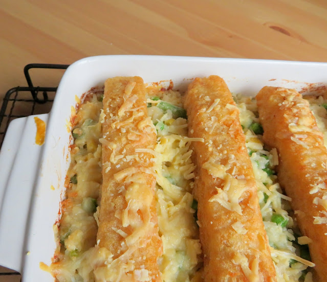 Fish Stick Casserole with Cheesy Vegetable Rice