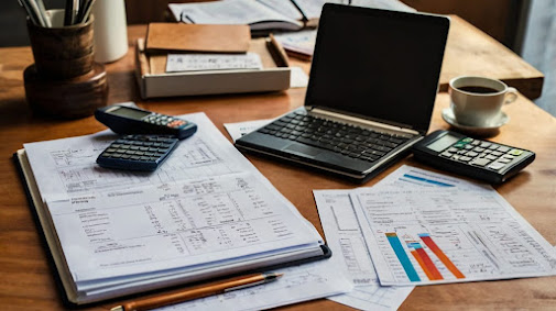 Organized desk with laptop, notebook, calculator, and receipts — symbolizing preparation for Skatteverket tax declaration.