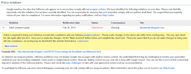 Peringatan Pelanggaran Aturan Google Adsense