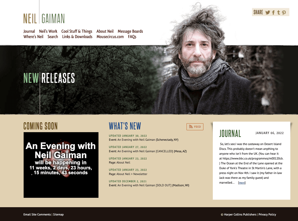 Screengrab of Neil Gaiman's dark mode homepage design